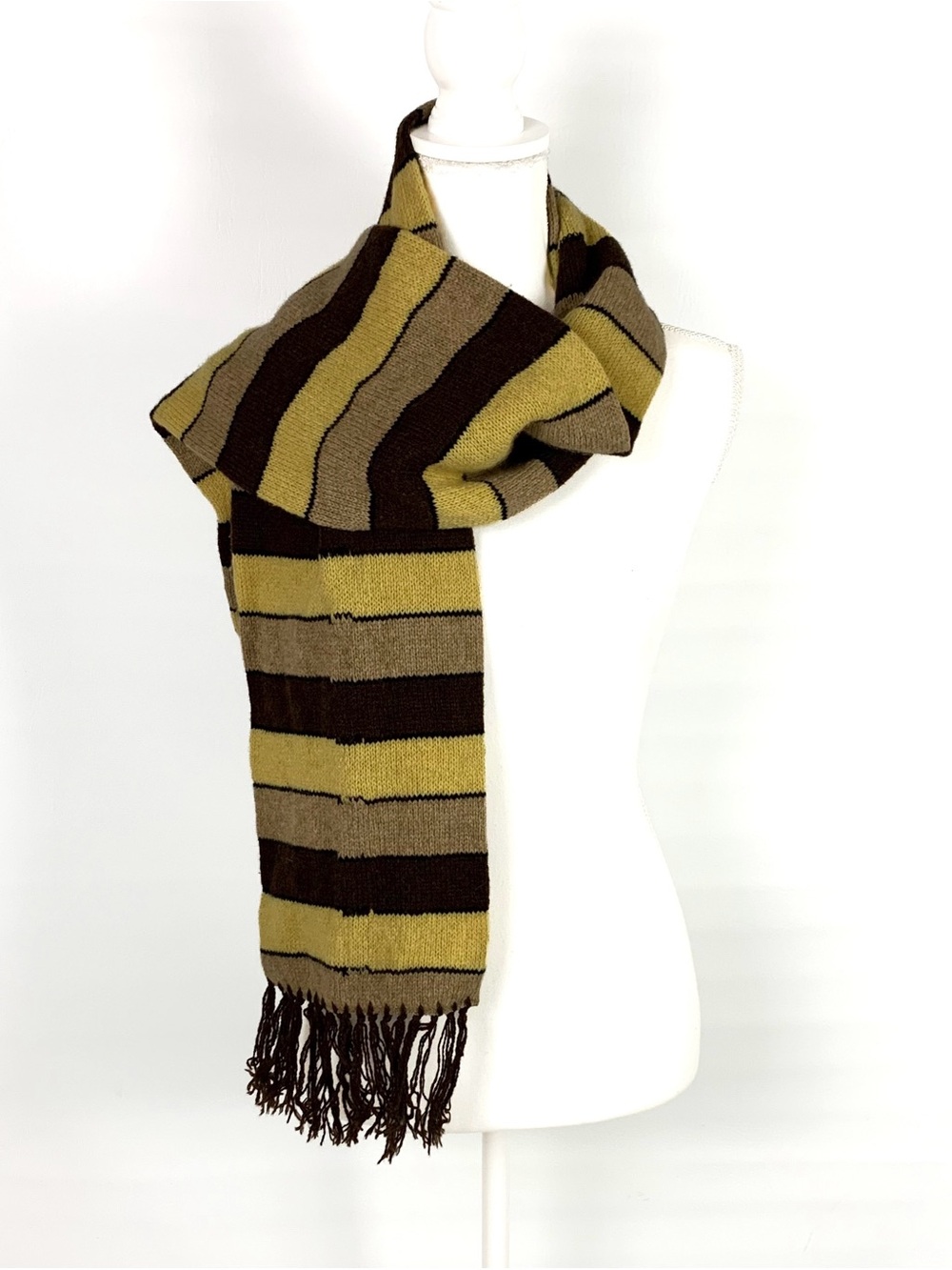 Vintage Christian Dior Shetland Wool Blend Scarf Striped Fringe Brown Gold Retro